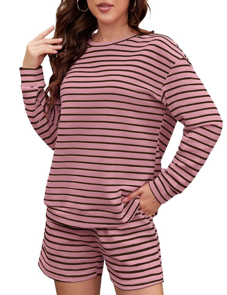 ] Matching Set Crewneck Long Sleeved Top and Shorts Fashion