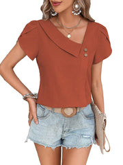 l Neck Petal Sleeve Button Detail Blouse