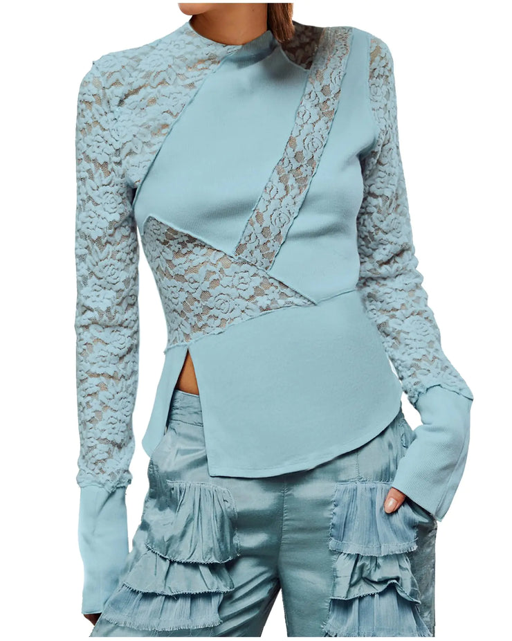Womens Long Sleeve Lace and Knit Patchwork Top