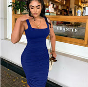 Spring Summer Solid Color Sleeveless Ruched Dress