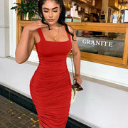 Spring Summer Solid Color Sleeveless Ruched Dress