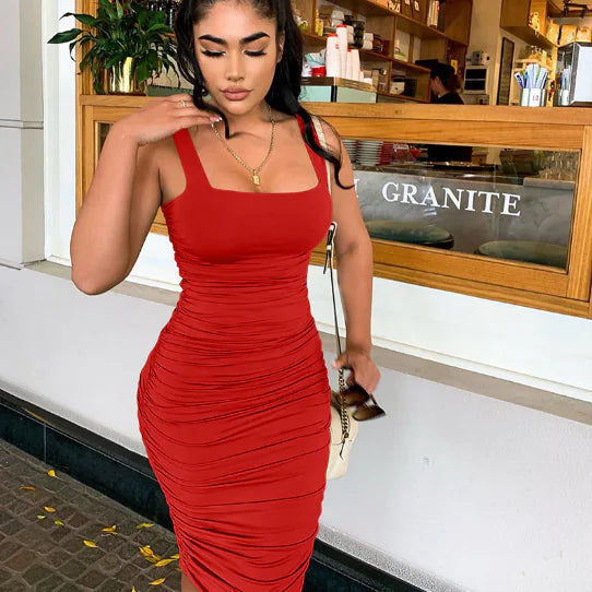 Spring Summer Solid Color Sleeveless Ruched Dress