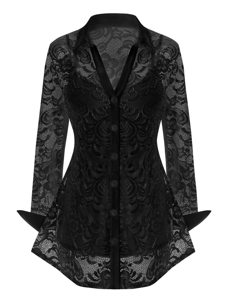 Lace Button Front Long Sleeve Blouse and Cami Top )