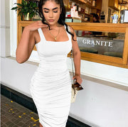 Spring Summer Solid Color Sleeveless Ruched Dress