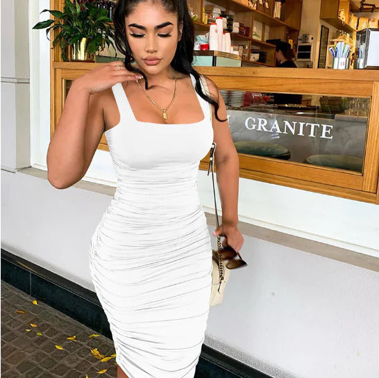 Spring Summer Solid Color Sleeveless Ruched Dress